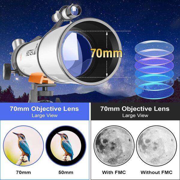 Télescope, Télescope astronomique 70 mm Ouverture 500 pour Adultes pour Enfants (25X-150X), avec Adaptateur Téléphonique, pour l'observation Planétaire et Lunaire