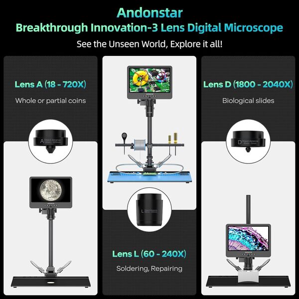 Andonstar AD249S-Max Microscope numérique 3 lentilles avec support max
