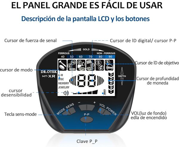 DR.ÖTEK Détecteur de Métaux Professionnel pour Adultes,Détecteur de Haute Précision Étanche avec Écran LCD,Mode Mémoire Forte, Puce DSP Avancée,Détecteur de Métaux Or avec Pelle et Sac de Transport