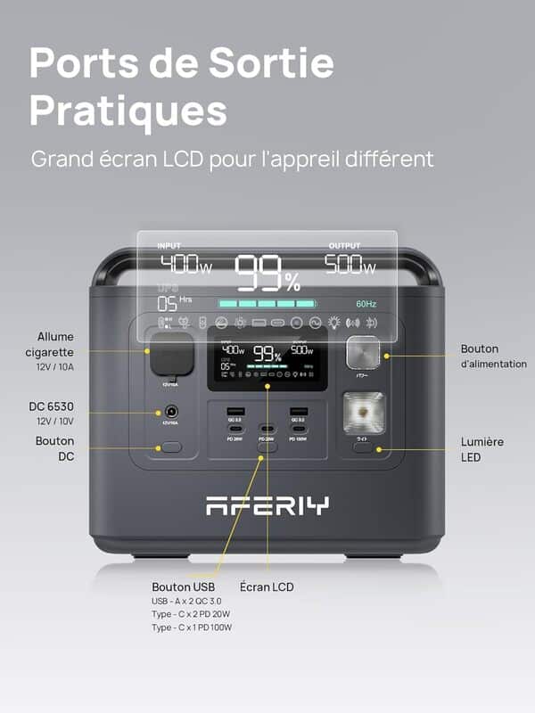 AFERIY Generateur Electrique Portable 800W, 512Wh LiFePO4 Batterie de Secours, Charge Rapide en 1H, EU Prise 220-240V, UPS, Générateur Électrique Solaire pour Camping/Maison/Bureau, Garantie 7 Ans