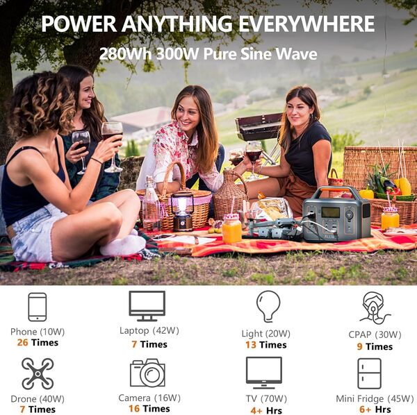ALLWEI Station d'alimentation portable 300 W, générateur solaire 280 Wh avec sortie AC Pure Sine Wave 110 V, générateur de batterie au lithium de secours pour CPAP en plein air, camping, utilisation